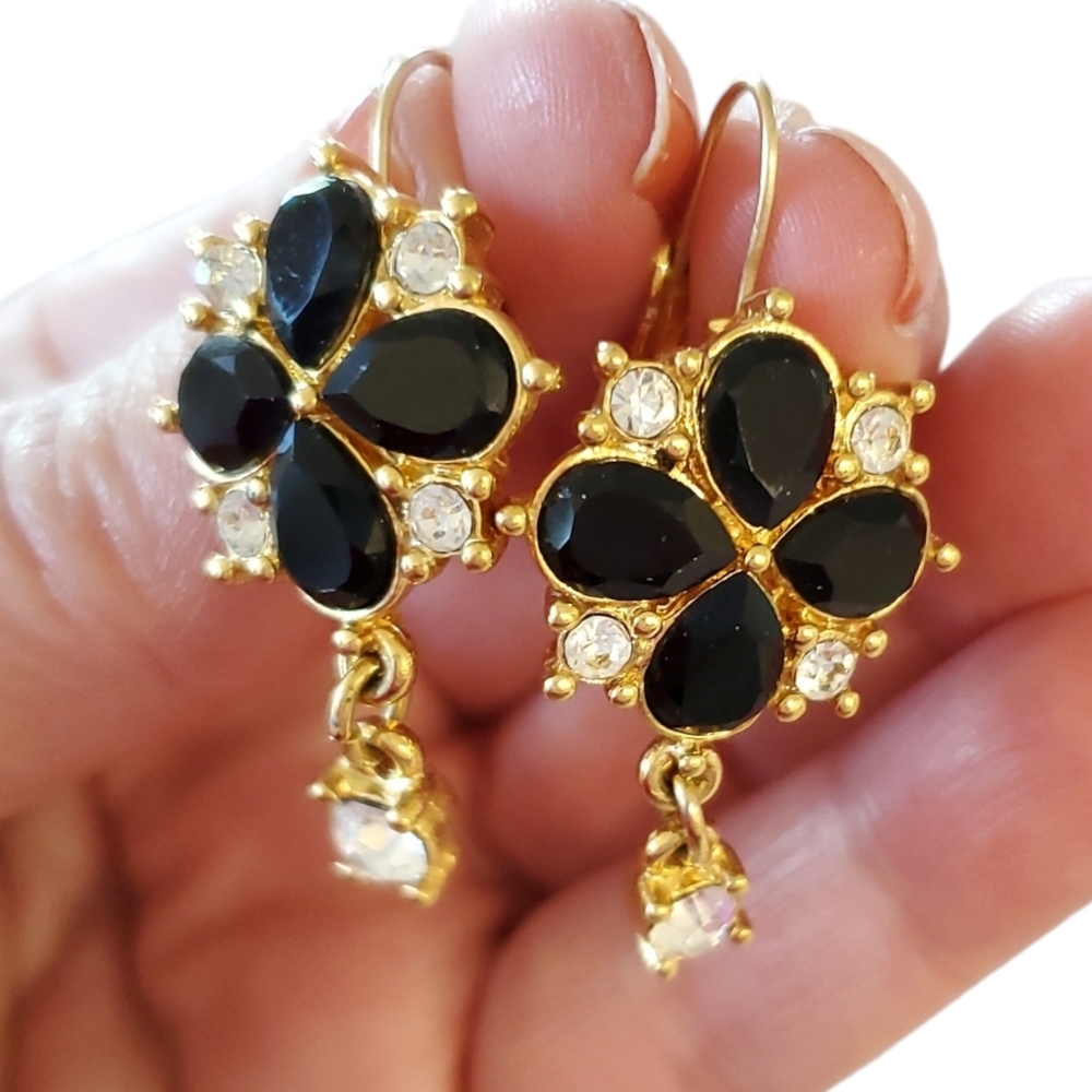 Vintage Monet Gold, Black and Crystal Earrings